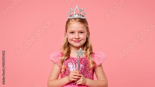 Young girl wearing princess costume with crown and wand holds magic wand