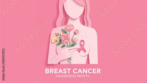 Pink ribbon awareness campaign for breast cancer with flowers