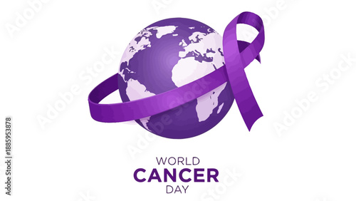 World Cancer Day awareness with purple ribbon around globe