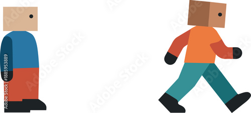 Second abstract geometric human figure appears moving one block apart from others while first observes, showing early interaction