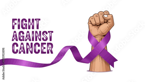 Empowering fight against cancer with strong fist and purple ribbon