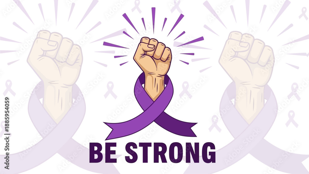 Naklejka premium Empowering purple ribbon with raised fist and BE STRONG message