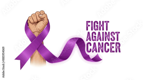 Empowering fight against cancer with purple ribbon and raised fist