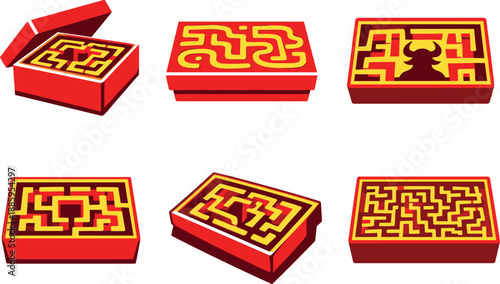 Minotaur Maze Icons. Two-Color vector icons of minotaur labyrinth in shoebox: shoebox with maze interior, open box revealing mini