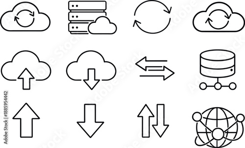 Line style vector icons of Cloud synchronization icons: cloud, server, sync, backup; upload, download, transfer, storage; arrow,