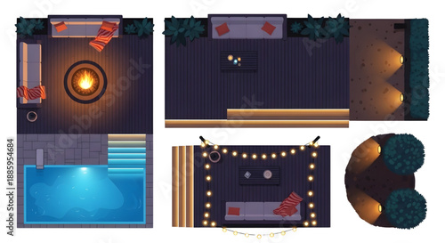 Flat Vector Top View Evening Landscape Set Featuring Fire Pit, Glowing Pool, and String Lights