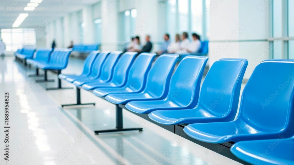 Fototapeta premium A row of blue plastic chairs in a bright, modern waiting area. People are seated in the background, engaged in conversation or using their devices.