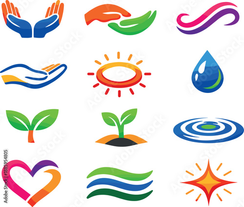 Nurturing Vector Icons. Two-Color vector icons of nurturing gestures: cupped hands, gentle cradle arc, soft curl line, palm