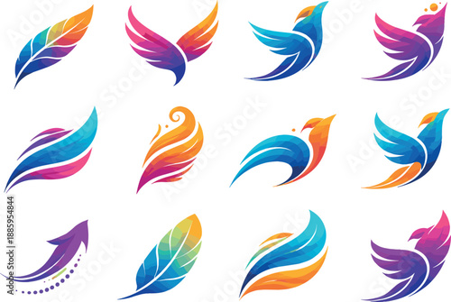 Vibrant Flight Icons. Two-Color vector icons of uplifting airy flight: rising feather arc, elevated wing sweep, upward beak line,