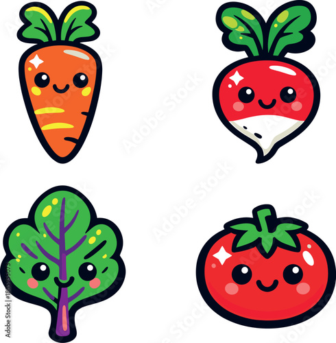 Two-Color vector icons of cute vegetables: carrot shape, radish bulb, beet leaf, tomato curve, tiny eyes, smile mark, contour