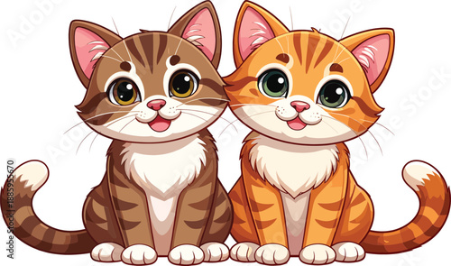 Cute twin kittens cartoon illustration featuring adorable tabby cats sitting together with big eyes