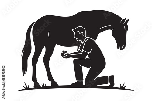 Silhouette of a farrier or groomer checking a horse’s hoof 
