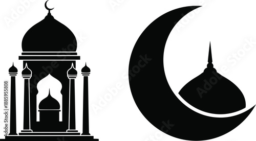 Silhouette of mosque and crescent moon ramadan Vector