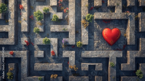 A maze appears with a red heart at its center, symbolizing the journey of love. Flowers bloom along the paths that represent personal growth and emotional challenges