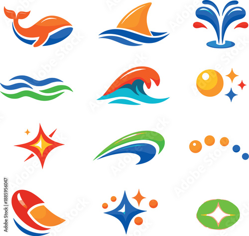 Two-Color vector icons of smooth marine shapes: curved body, fin arc, spout plume, ripple line, contour crest, tiny bead, shine