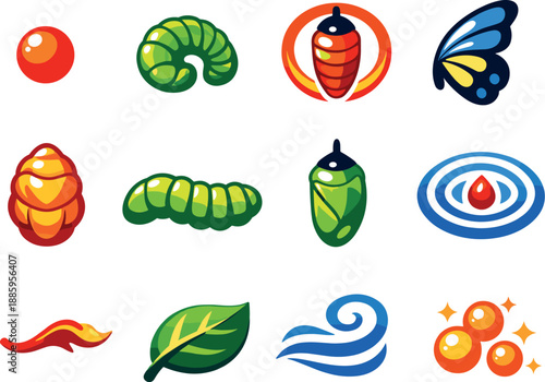 Two-Color vector icons of metamorphosis stages: egg dot, larva curl, pupa ring, emerging wing, soft membrane, segment line,