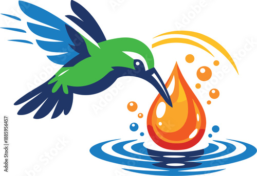 Two-Color vector icons of a hummingbird drinking from a floating droplet: hovering hummingbird, floating droplet, curved beak sip