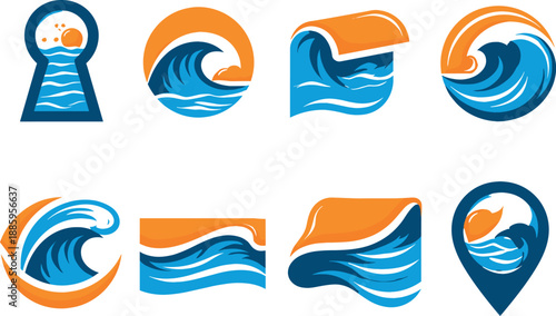 Two-Color vector icons of hidden marine scene: secret-water keyhole, concealed wave arc, tucked-away tide, subtle sea crest;