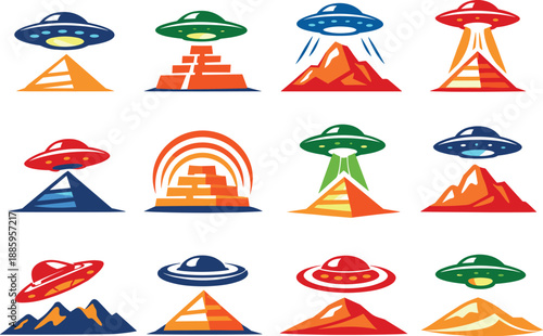 Two-Color vector icons of pyramid with UFO above it: pyramid with hovering saucer, stepped pyramid under disc, glowing UFO over