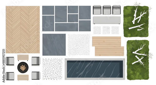 Flat Vector Top View Scandinavian Minimalist Landscape Set Featuring Herringbone Decking and Birch Trees
