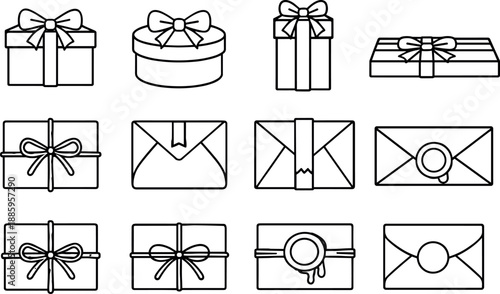 Line style vector icons of present packaging: squarebox, roundbox, tallbox, flatbox; wrap, paper, fold, tape; knot, string, seal,