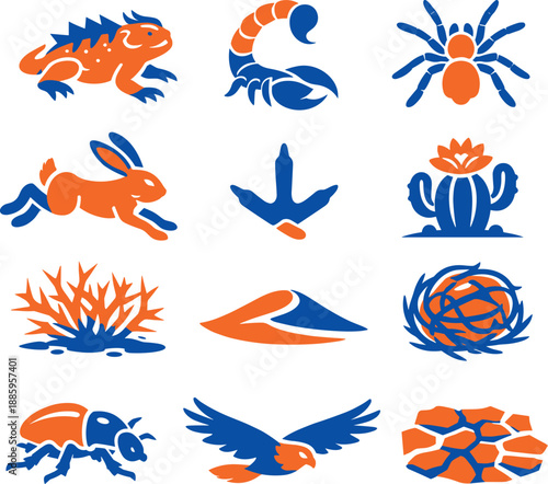 Two-Color vector icons of desert wildlife: horned lizard stance, scorpion tail arch, tarantula outline, jackrabbit leap,