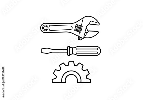 A simple set of basic hand tools icons nice adjustable wrench screwdriver and a gear outline vector illustration