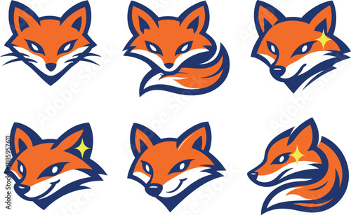 Two-Color vector icons of cunning animals: fox outline, narrow eyes, whisker flick, tail sweep, contour dash, tiny bead, arc curl