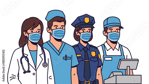 Diverse Essential Workers Group Wearing Medical Face Masks