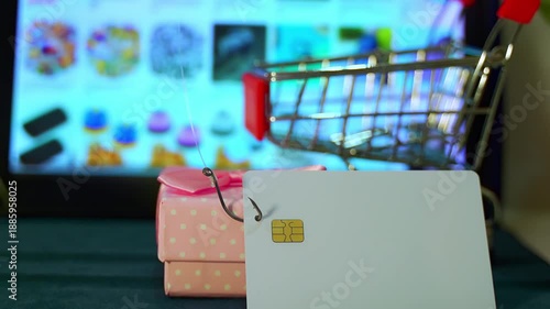 Fish hook stealing a credit card from a gift box during online shopping, symbolizing a phishing scam