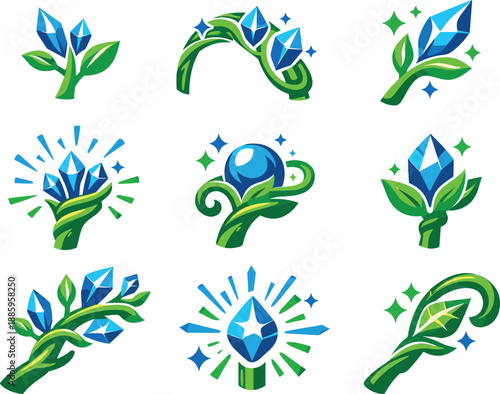 Two-Color vector icons of a magic staff growing crystalline leaves: crystal sprout, staff arc, shard leaf, glow stem; radiant