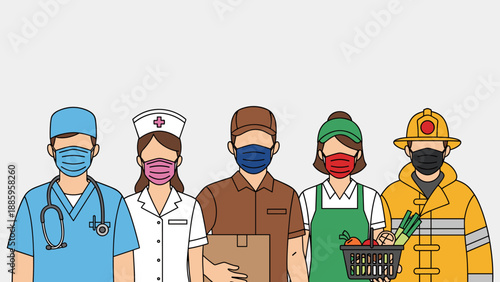 Essential Frontline Workers Group Wearing Medical Face Masks During Pandemic