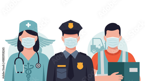 Frontline Essential Workers Wearing Face Masks Nurse Police Officer and Delivery Man