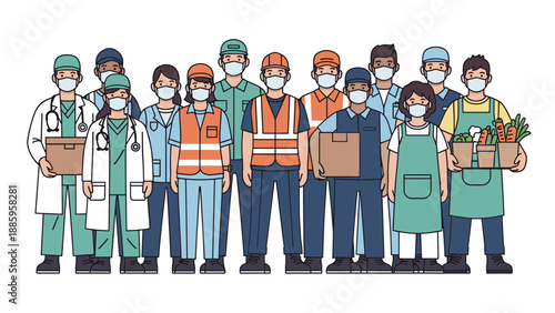 Dedicated essential workers group wearing masks, representing vital community support and resilience in delivering services during health challenges and global crises