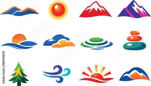 Two-Color vector icons of peaceful summits: calm ridge line, soft glow dot, snow bead, peak silhouette, horizon bend, cloud arc,