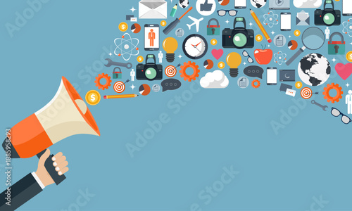 Digital Marketing and Social Media Broadcast Concept Hand Holding Megaphone with Streaming Icons for Advertising and Communication