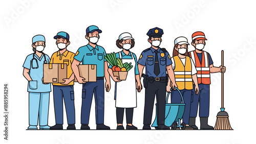 Diverse group of essential workers in uniform, wearing face masks for protection, symbolizing community service and public safety