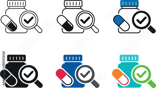 Drug safety and quality assurance concept illustrating a pill bottle and capsule paired with a protective check symbol and