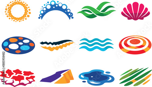 Two-Color vector icons of shoreline textures: sand grain ring, foam bubble arc, seaweed ribbon, shell ridge, pebble oval, drift