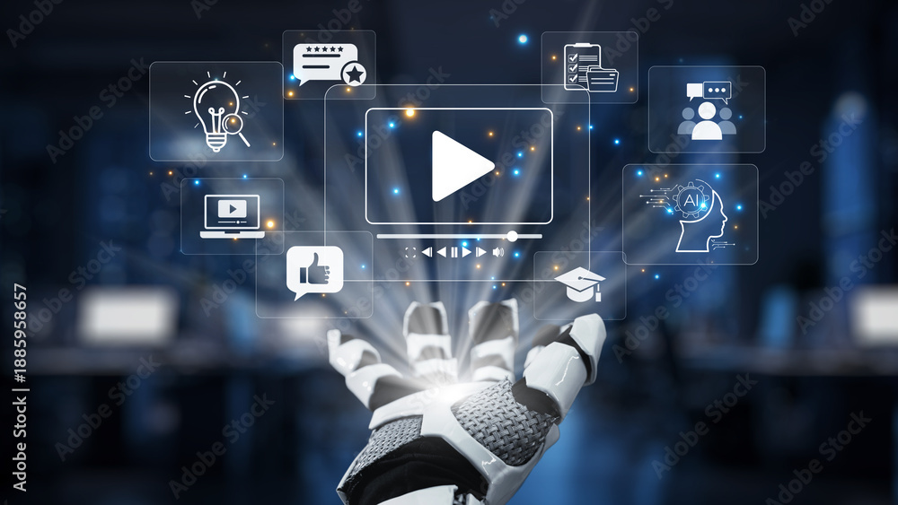 Fototapeta premium A futuristic robot hand reaches out to engage with transparent digital icons that symbolize technology and media in a modern workspace setting. Synapse