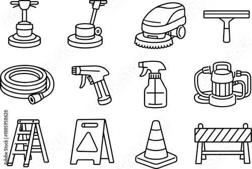 Line style icons of professional cleaning tools: polisher, buffer, scrubber, squeegee; hose, nozzle, sprayer, pump; ladder, sign,