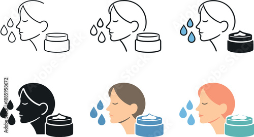 Harmonious Beauty Icons. Everyday beauty care symbol showing a calm facial profile paired with a cream jar and droplets