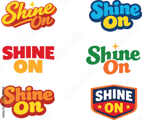 Clean flat holiday banner set illustration modern lettering logo set for Shine On with six unique wordmark designs all reading