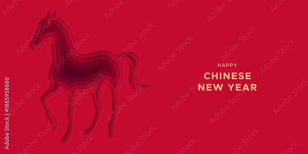 Fototapeta premium Happy Chinese New Year of the horse 2026 paper cut illustration template in realistic 3d style. China culture festival event banner with papercut animal shape. Traditional cutout greeting card design.