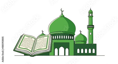 Mosque with open book and minaret
