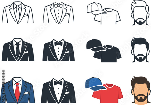 Menswear Icon Grid. Icon object one for menswear style, icon object two for formal clothing, icon object three for casual fashion,