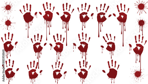 Bloody handprint splatter collection with dripping red paint textures, horror flat vector illustration set for Halloween designs, crime scenes, thriller posters, grunge backgrounds