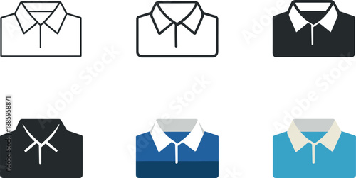 Stylish mens apparel icon featuring a crisp collared shirt with balanced proportions to convey modern male clothing, arranged six