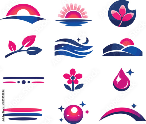 Two-Color vector icons of calm twilight scenes: horizon bend, soft glow, petal silhouette, branch outline, sky ripple, distant