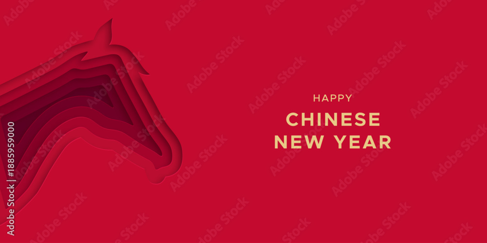 Fototapeta premium Happy Chinese New Year of the horse 2026 paper cut illustration template in realistic 3d style. China culture festival event banner with papercut animal shape. Traditional cutout greeting card design.